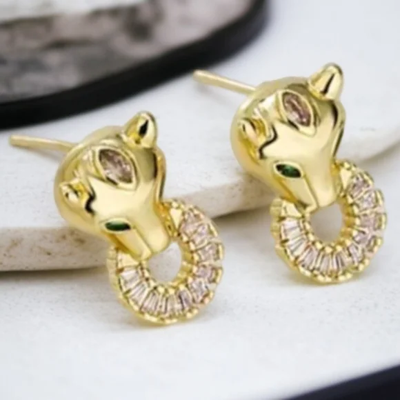 Luxury 18k Gold Plated Designer Panther Zircon Crystal Doorknocker Earrings - Picture 3 of 4